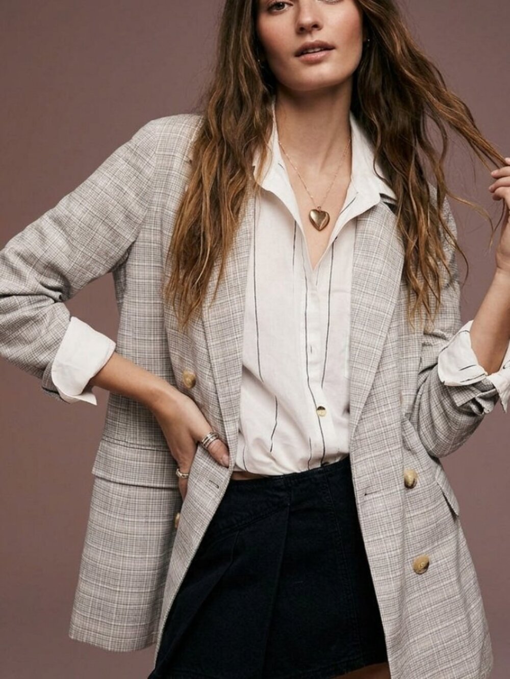 FREE PEOPLE Olivia Plaid Blazer double breasted Tie Waist Coat Jacket M oversize